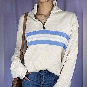 VTG Tommy Hilfiger Sweater Mens M White Blue Chest Stripe 1/4 Zip 90s Y2K Knit